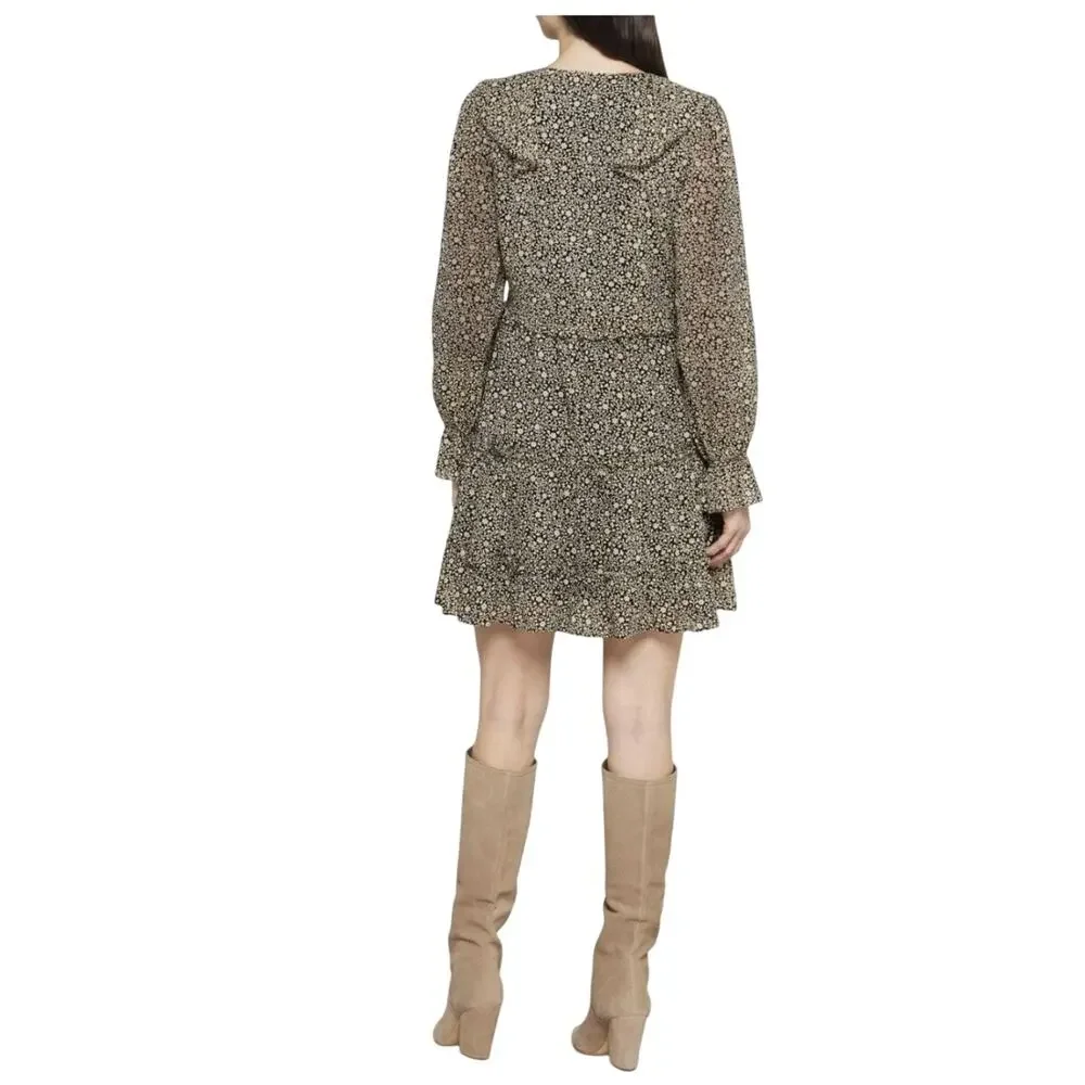 Joie NWT Adanson V-Neck Floral Long Sleeve Mini in Caviar Bleached Sand Size 8